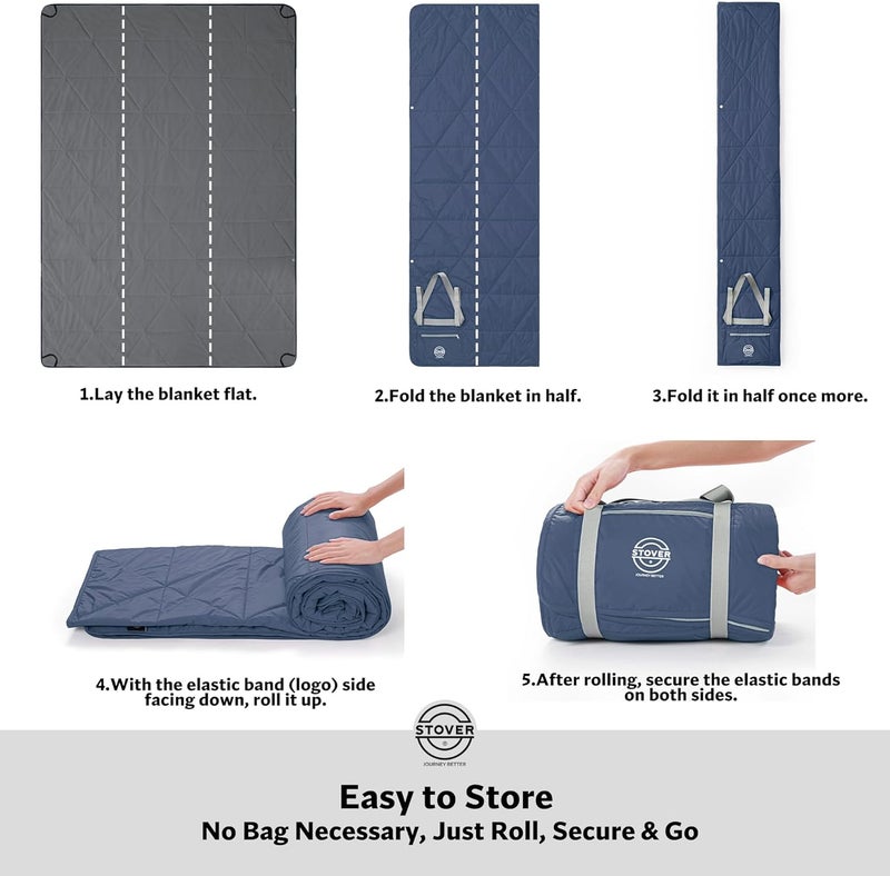 STOVER Large Waterproof Outdoor Stadium Blanket– Extra Thick Soft Fleece Camping Blanket for Travel, Picnics, Sports, Dogs– 79"x55", Warm, Windproof, Sand-Proof, Lightweight, Packable (Glacier Blue) - Image 4